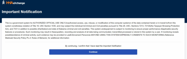 In the image, the Privacy and Confidentiality Acknowledgement displays underneath the Important Notification title. The Continue button displays at bottom.